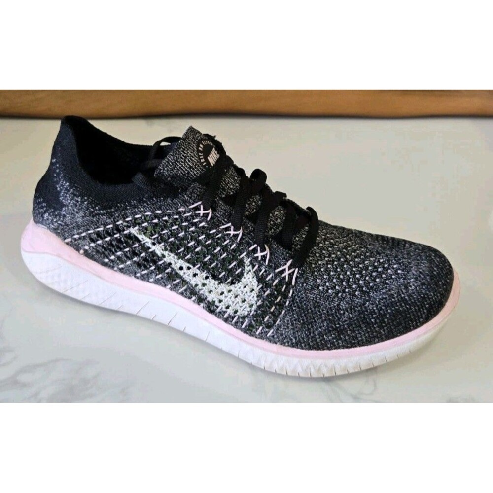 Nike Free RN Flyknit 2018 Women's Size 8 Running Shoes Black White Pink
